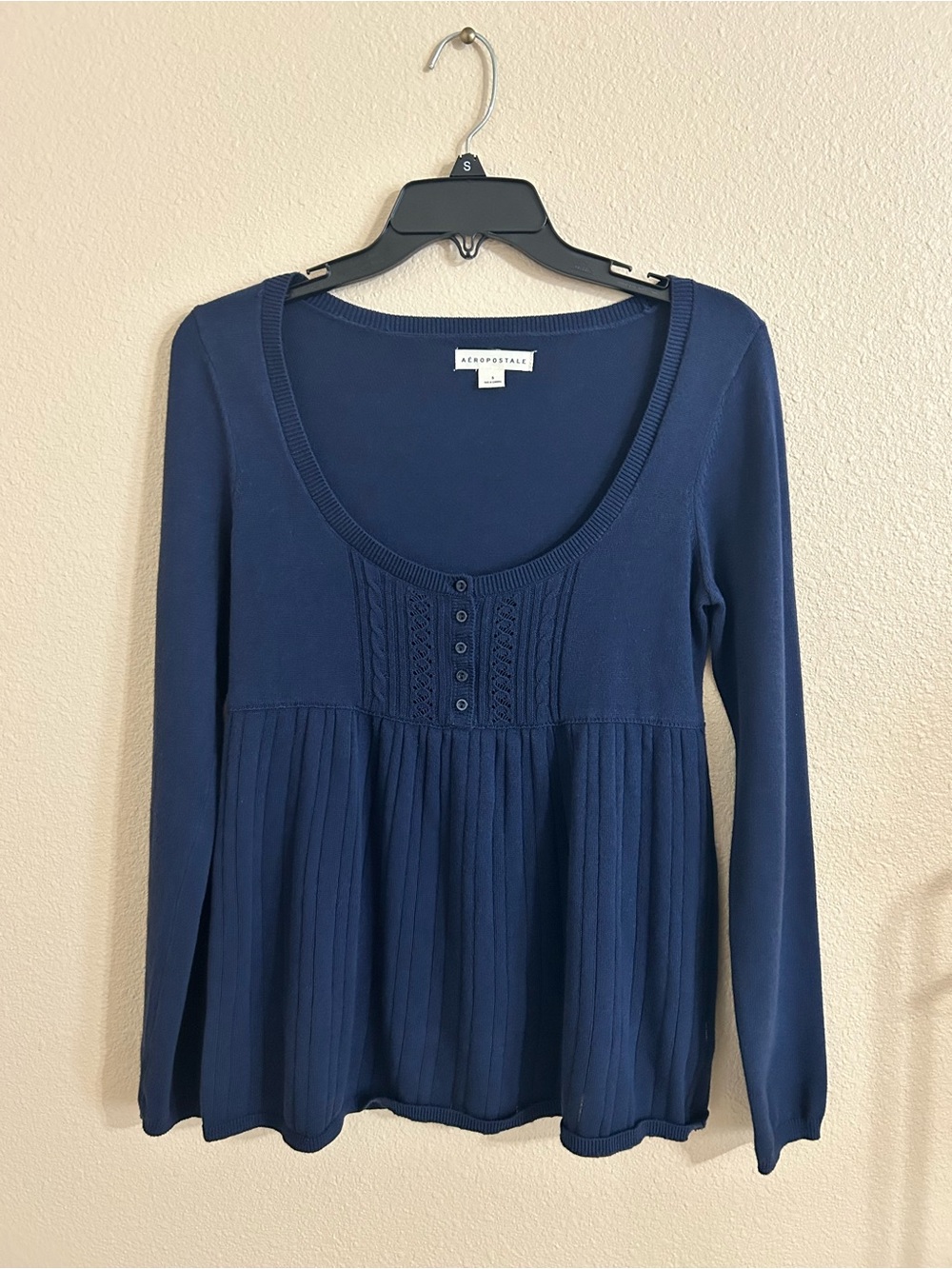 Aeropostale Navy Scoop Neck Long Sleeve Top with Pleated Hem